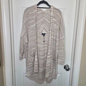 Express Women's Long Sleeve Open Front Cardigan Cream and Tan Large